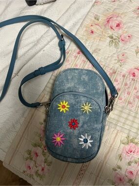 Blue Denim Crossbody Bag with Embroidered Flowers